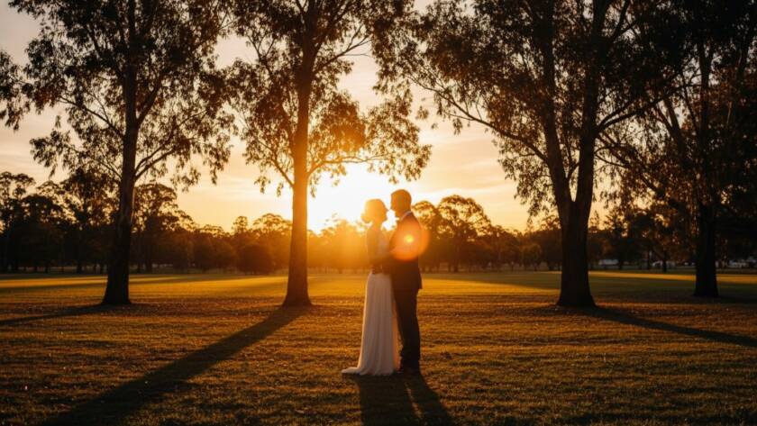 A newlywed couple shares an emotionally resonant, candid moment, laughing joyously as golden hour light streams through eucalypt trees in a beautiful Ringwood East park, epitomizing candid Ringwood East wedding photography capturing genuine joy.