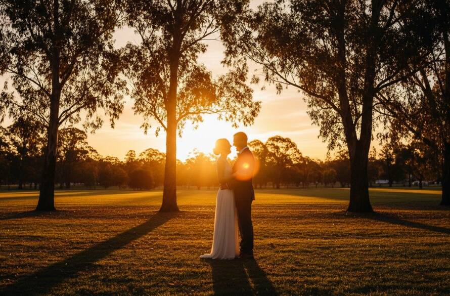 A newlywed couple shares an emotionally resonant, candid moment, laughing joyously as golden hour light streams through eucalypt trees in a beautiful Ringwood East park, epitomizing candid Ringwood East wedding photography capturing genuine joy.