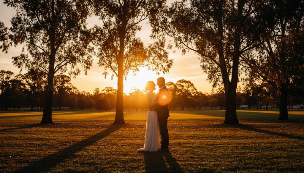 A newlywed couple shares an emotionally resonant, candid moment, laughing joyously as golden hour light streams through eucalypt trees in a beautiful Ringwood East park, epitomizing candid Ringwood East wedding photography capturing genuine joy.