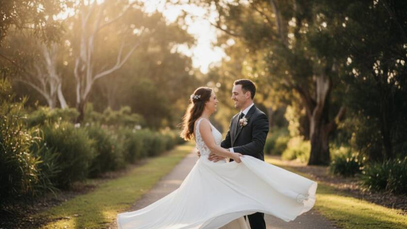A candid Ringwood East wedding photography moment showing a couple sharing a heartfelt embrace under golden hour light in a lush garden, with the groom gently kissing the bride's forehead, captured from a distance with a shallow depth of field, evoking warmth and intimacy.