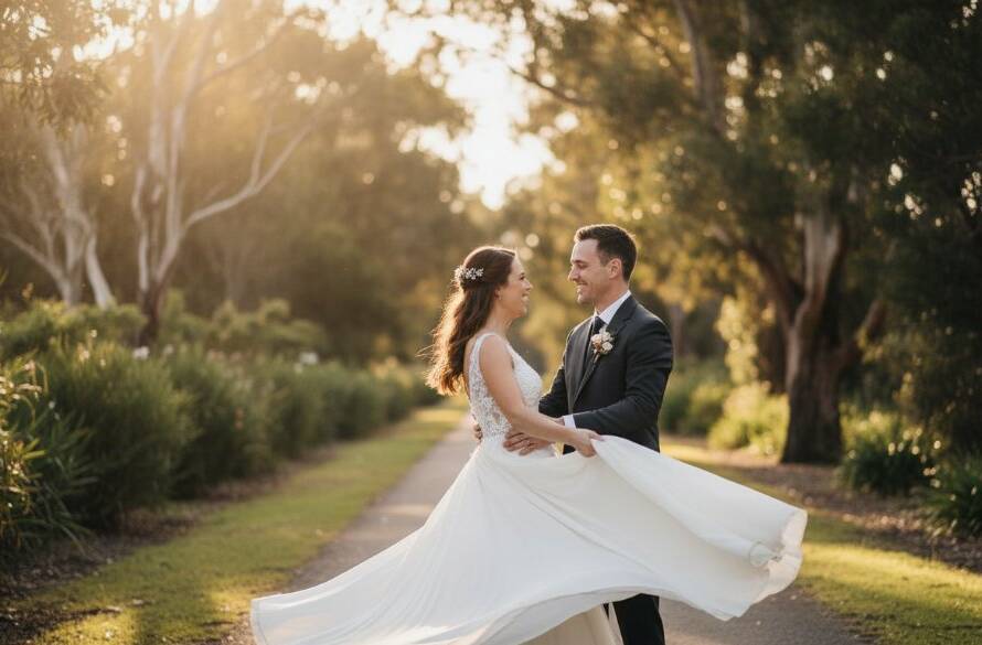 A candid Ringwood East wedding photography moment showing a couple sharing a heartfelt embrace under golden hour light in a lush garden, with the groom gently kissing the bride's forehead, captured from a distance with a shallow depth of field, evoking warmth and intimacy.