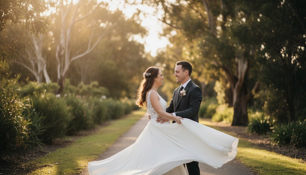 A candid Ringwood East wedding photography moment showing a couple sharing a heartfelt embrace under golden hour light in a lush garden, with the groom gently kissing the bride's forehead, captured from a distance with a shallow depth of field, evoking warmth and intimacy.