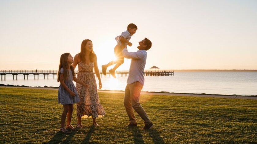 A joyful family laughing genuinely during candid Rippleside family photography Geelong, playing by the water's edge at sunset, with golden light reflecting off Corio Bay and the iconic Rippleside Park playground in the background. The father lifts a child high, capturing a perfect, unposed moment of pure happiness.