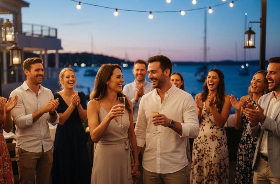 A candid Sandringham event photography shot capturing a joyful group of guests laughing and raising glasses under twinkling fairy lights at a garden party, with the iconic Sandringham Yacht Club in the softly blurred background, showcasing vibrant celebrations and genuine emotions.
