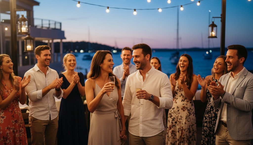 A candid Sandringham event photography shot capturing a joyful group of guests laughing and raising glasses under twinkling fairy lights at a garden party, with the iconic Sandringham Yacht Club in the softly blurred background, showcasing vibrant celebrations and genuine emotions.