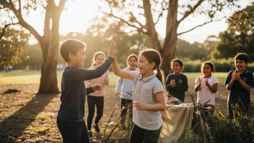 An epic moment of genuine laughter and interaction among diverse primary school children playing in a sunny outdoor area, expertly captured in a Candid School Photography Bayswater VIC Authentic Moments style. The photo features natural light, vibrant colours, and a shallow depth of field, showcasing the joy of learning and friendship at a Bayswater school.