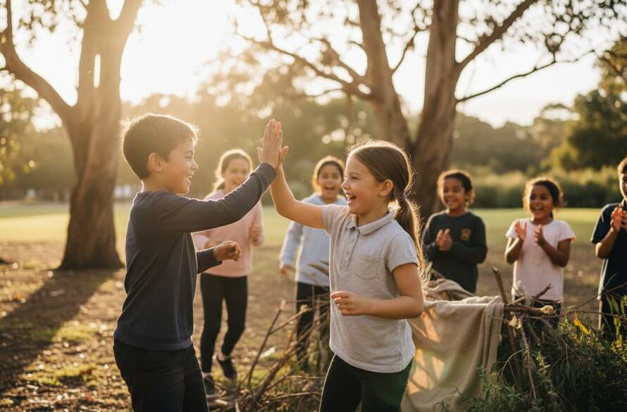 An epic moment of genuine laughter and interaction among diverse primary school children playing in a sunny outdoor area, expertly captured in a Candid School Photography Bayswater VIC Authentic Moments style. The photo features natural light, vibrant colours, and a shallow depth of field, showcasing the joy of learning and friendship at a Bayswater school.