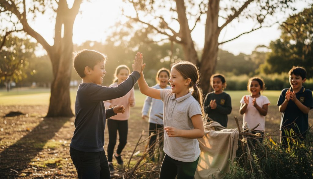 An epic moment of genuine laughter and interaction among diverse primary school children playing in a sunny outdoor area, expertly captured in a Candid School Photography Bayswater VIC Authentic Moments style. The photo features natural light, vibrant colours, and a shallow depth of field, showcasing the joy of learning and friendship at a Bayswater school.
