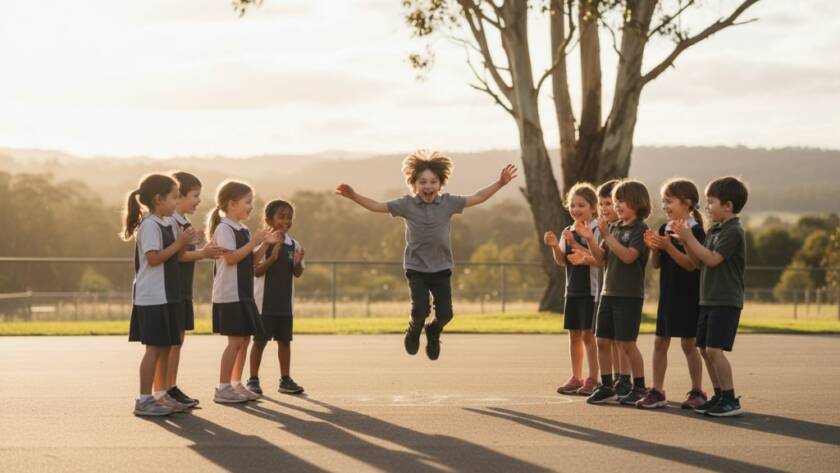 An emotive wide shot of students laughing and playing joyfully during recess at a school in The Basin, Victoria, captured with a candid style, highlighting the natural expressions through expert candid school photography, bathed in warm afternoon sunlight, creating an epic, nostalgic moment.