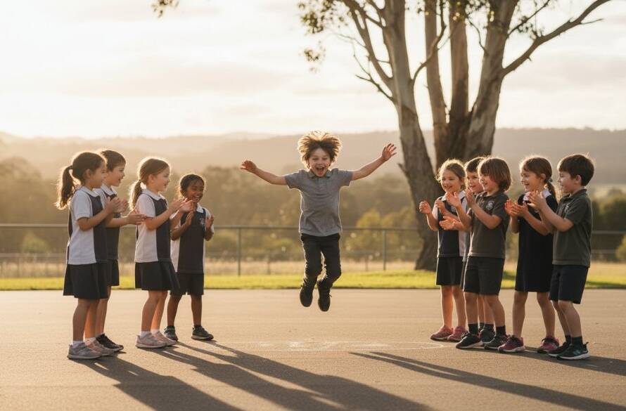 An emotive wide shot of students laughing and playing joyfully during recess at a school in The Basin, Victoria, captured with a candid style, highlighting the natural expressions through expert candid school photography, bathed in warm afternoon sunlight, creating an epic, nostalgic moment.