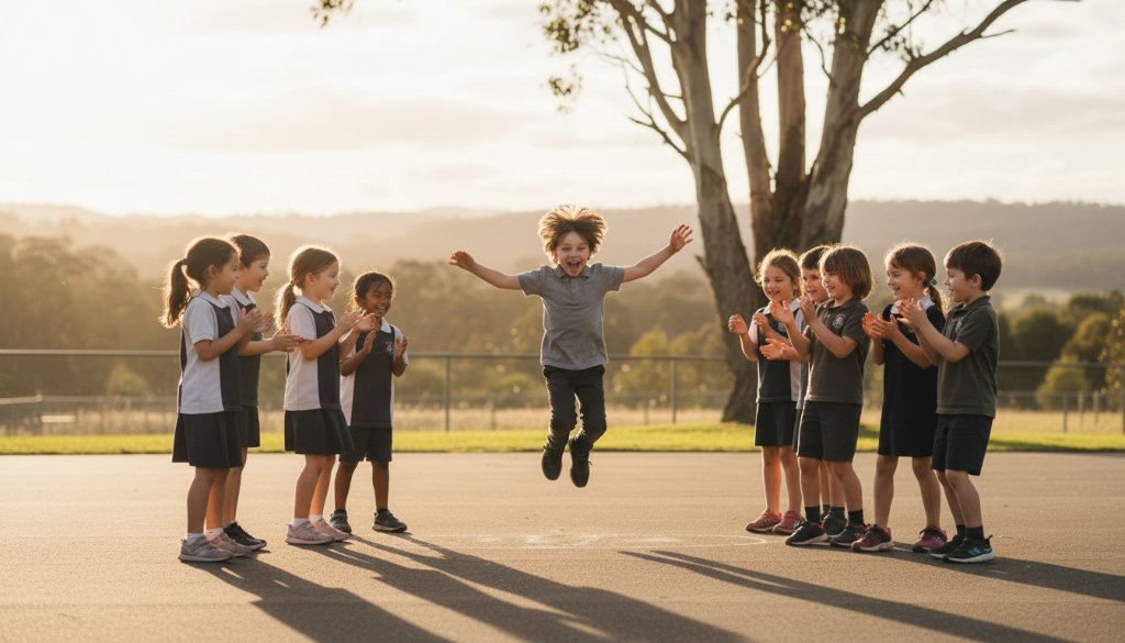 An emotive wide shot of students laughing and playing joyfully during recess at a school in The Basin, Victoria, captured with a candid style, highlighting the natural expressions through expert candid school photography, bathed in warm afternoon sunlight, creating an epic, nostalgic moment.