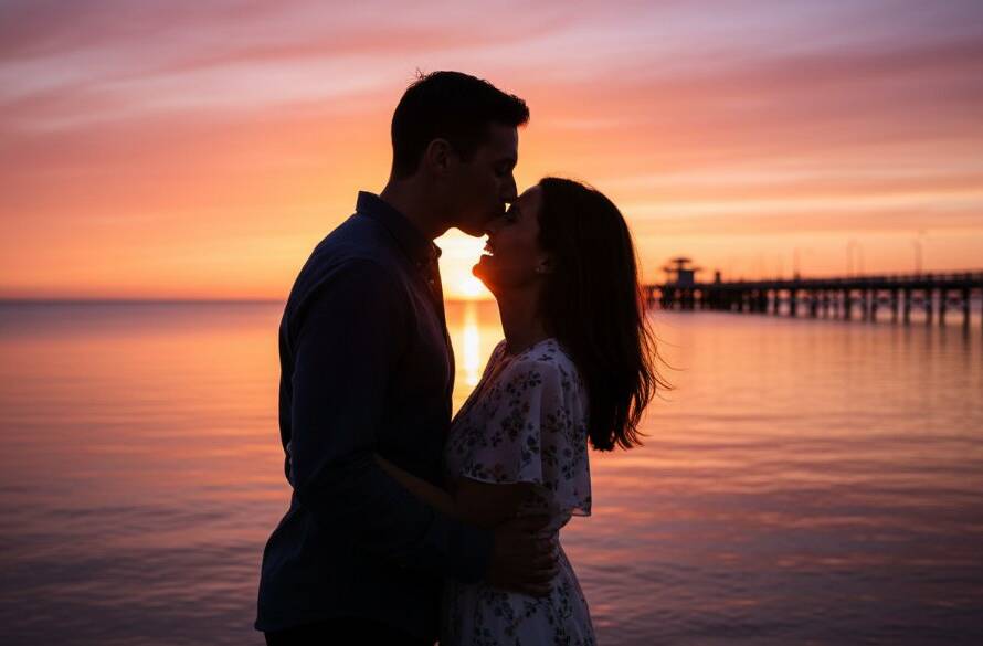 A newly engaged couple sharing a tender embrace on Seaford Beach at sunset, with golden light reflecting off the water. The candid Seaford beach engagement photos Victoria capture their joyful love amidst the stunning coastal landscape, evoking an epic, cinematic feel.