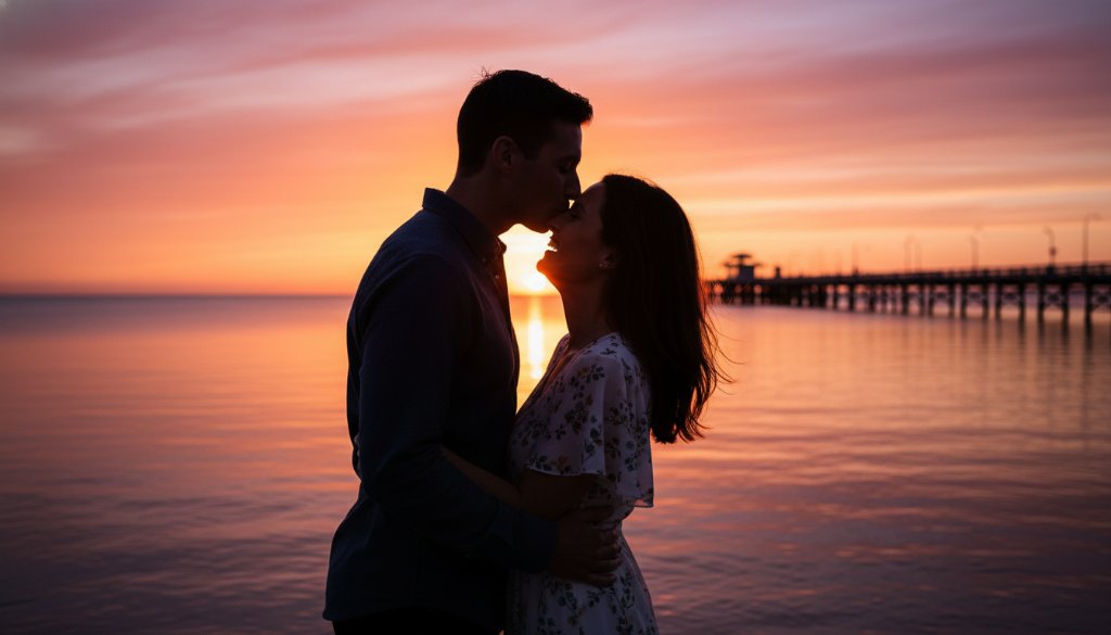 A newly engaged couple sharing a tender embrace on Seaford Beach at sunset, with golden light reflecting off the water. The candid Seaford beach engagement photos Victoria capture their joyful love amidst the stunning coastal landscape, evoking an epic, cinematic feel.