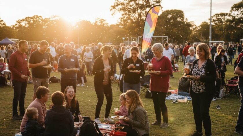 A candid Sebastopol event photography storyteller captures a joyful, 'epic moment' of community celebration under dramatic sunset lighting in Sebastopol, Victoria, with diverse people laughing and interacting, creating a vibrant, cinematic scene.