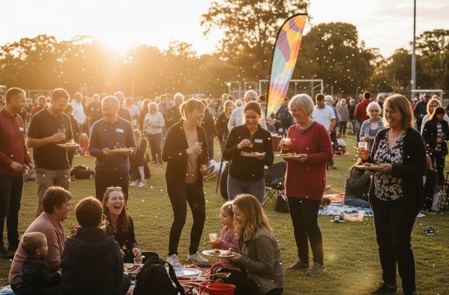 A candid Sebastopol event photography storyteller captures a joyful, 'epic moment' of community celebration under dramatic sunset lighting in Sebastopol, Victoria, with diverse people laughing and interacting, creating a vibrant, cinematic scene.