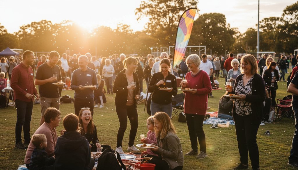 A candid Sebastopol event photography storyteller captures a joyful, 'epic moment' of community celebration under dramatic sunset lighting in Sebastopol, Victoria, with diverse people laughing and interacting, creating a vibrant, cinematic scene.