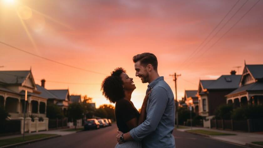 A couple in a tender, candid embrace during their Seddon engagement photography Victoria session, captured at sunset with dramatic backlighting near a charming Seddon streetscape, showcasing their genuine connection.