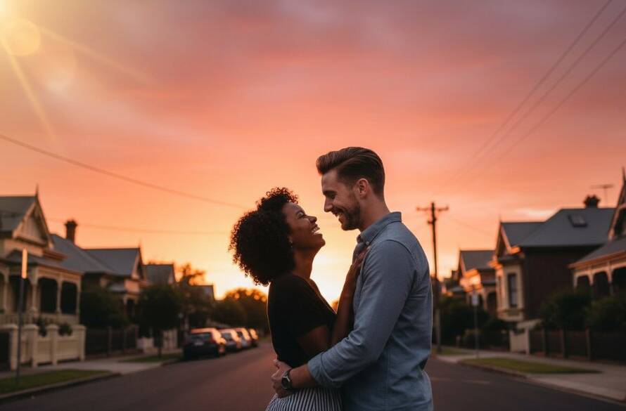 A couple in a tender, candid embrace during their Seddon engagement photography Victoria session, captured at sunset with dramatic backlighting near a charming Seddon streetscape, showcasing their genuine connection.