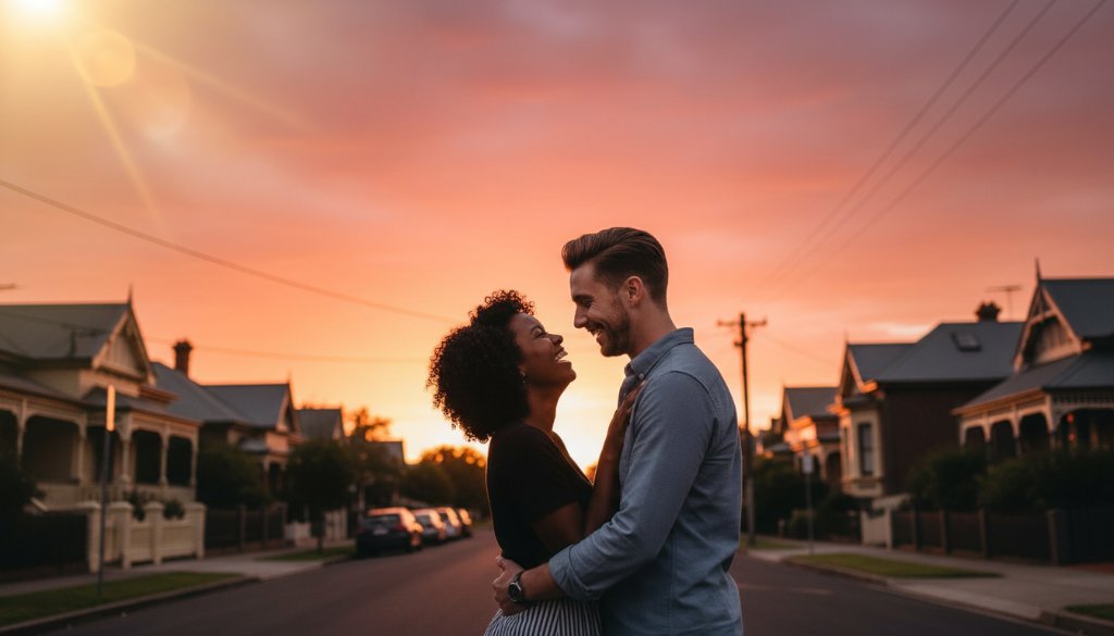 A couple in a tender, candid embrace during their Seddon engagement photography Victoria session, captured at sunset with dramatic backlighting near a charming Seddon streetscape, showcasing their genuine connection.