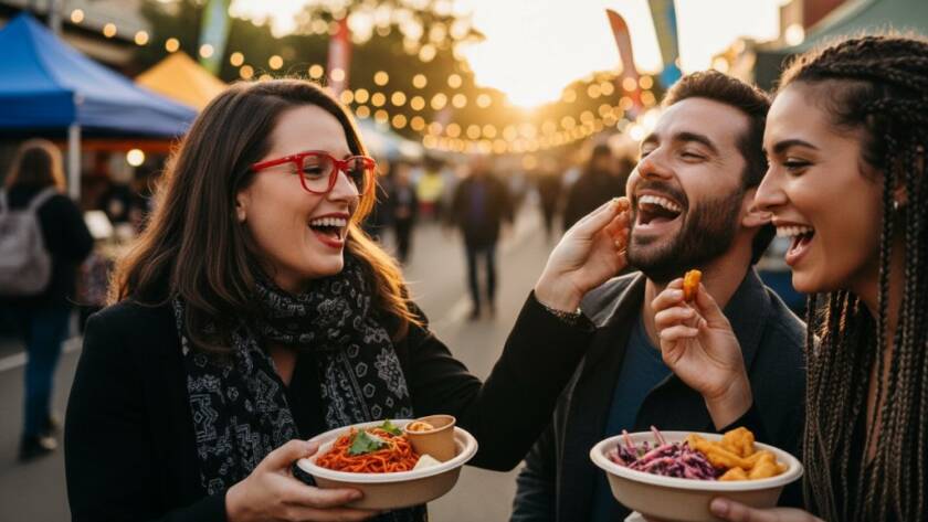 Dynamic shot of candid Seddon street festival photography, capturing a group of friends laughing amidst colourful market stalls at dusk, professional lighting.