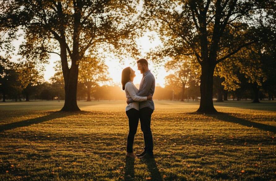 An epic moment of a joyful couple embracing amidst golden hour light in Springvale South, showcasing candid Springvale South engagement photography, with lush greenery in the background, captured in a professional, cinematic style.
