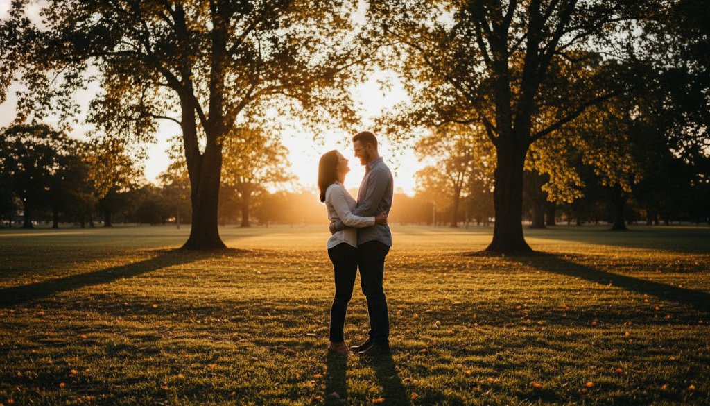 An epic moment of a joyful couple embracing amidst golden hour light in Springvale South, showcasing candid Springvale South engagement photography, with lush greenery in the background, captured in a professional, cinematic style.
