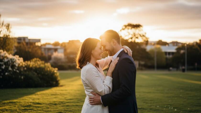 A newly engaged couple sharing a tender, candid moment at sunset in Springvale, Victoria, silhouetted against a golden sky, showcasing beautiful candid Springvale Victoria engagement moments captured by a professional photographer.