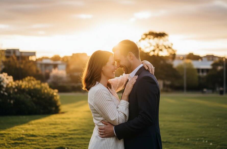 A newly engaged couple sharing a tender, candid moment at sunset in Springvale, Victoria, silhouetted against a golden sky, showcasing beautiful candid Springvale Victoria engagement moments captured by a professional photographer.