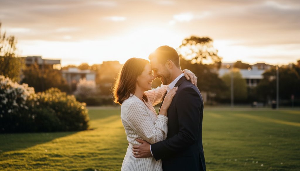 A newly engaged couple sharing a tender, candid moment at sunset in Springvale, Victoria, silhouetted against a golden sky, showcasing beautiful candid Springvale Victoria engagement moments captured by a professional photographer.