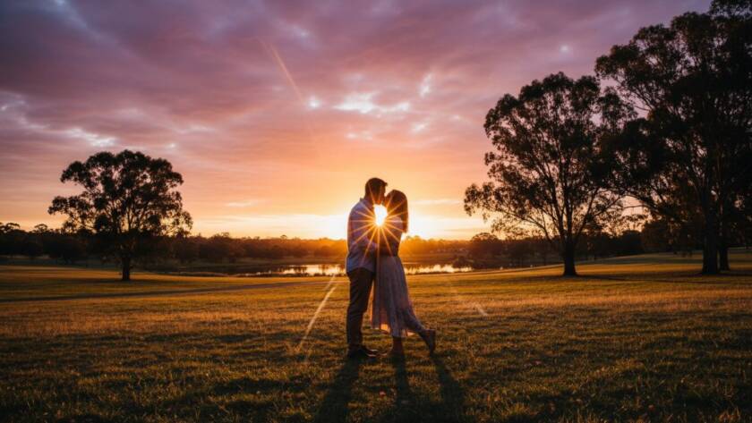 An emotionally resonant, wide-angle photograph capturing a couple sharing a tender, candid moment during their engagement session in Templestowe Lower, Victoria, at sunset, showcasing the romantic atmosphere through expert candid Templestowe Lower engagement photography.