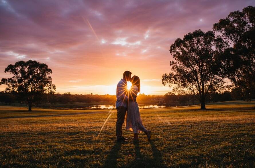 An emotionally resonant, wide-angle photograph capturing a couple sharing a tender, candid moment during their engagement session in Templestowe Lower, Victoria, at sunset, showcasing the romantic atmosphere through expert candid Templestowe Lower engagement photography.