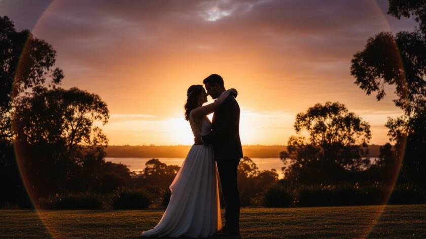 A newlywed couple sharing candid Templestowe Lower wedding photography vows at sunset, bathed in golden light near the Yarra River, capturing an epic emotional moment.