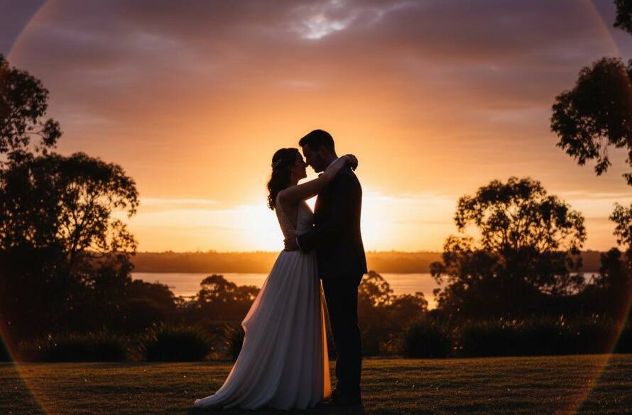 A newlywed couple sharing candid Templestowe Lower wedding photography vows at sunset, bathed in golden light near the Yarra River, capturing an epic emotional moment.