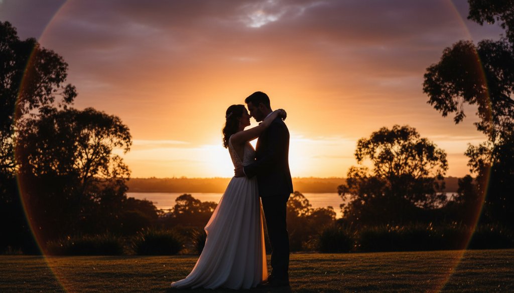 A newlywed couple sharing candid Templestowe Lower wedding photography vows at sunset, bathed in golden light near the Yarra River, capturing an epic emotional moment.