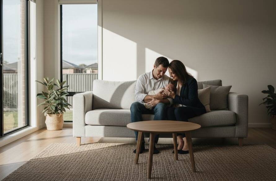 A tender, cinematic wide shot of new parents gently cradling their newborn baby in a beautifully sunlit living room of a Templestowe home, capturing candid Templestowe newborn photography at home with warmth and intimacy.