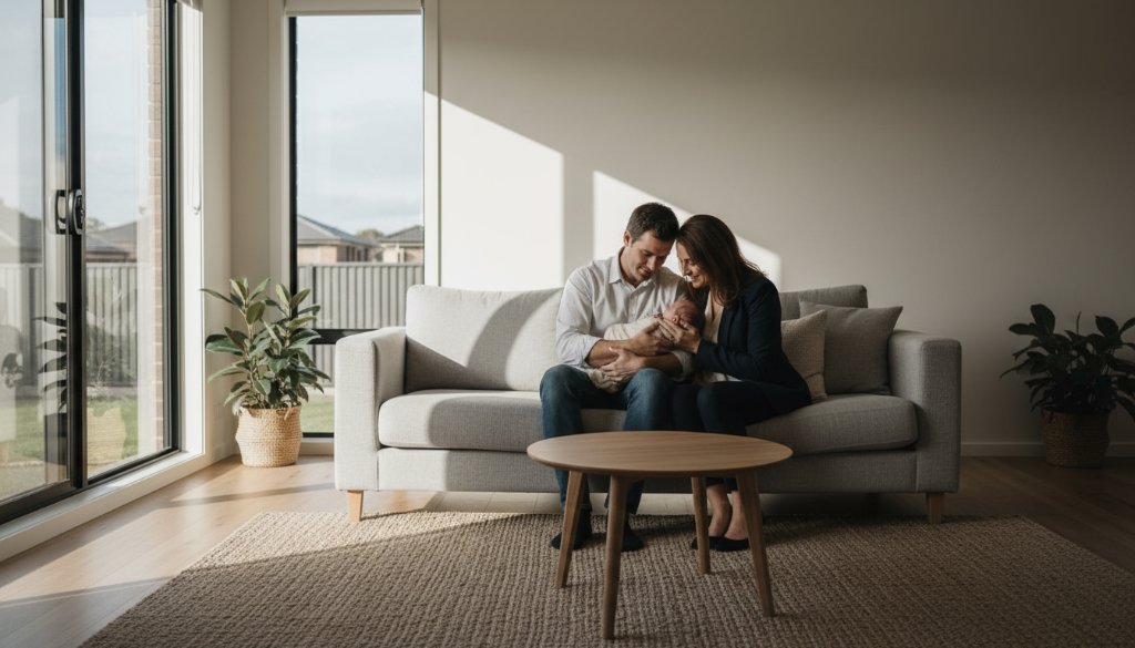 A tender, cinematic wide shot of new parents gently cradling their newborn baby in a beautifully sunlit living room of a Templestowe home, capturing candid Templestowe newborn photography at home with warmth and intimacy.
