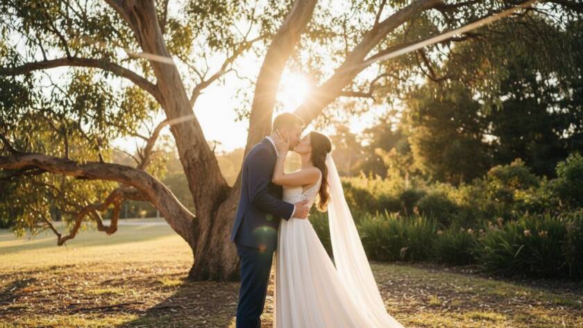A beautiful couple sharing a tender, genuine moment in candid Templestowe wedding photography, with golden hour light filtering through eucalyptus trees, perfectly captured to reflect their heartfelt joy.
