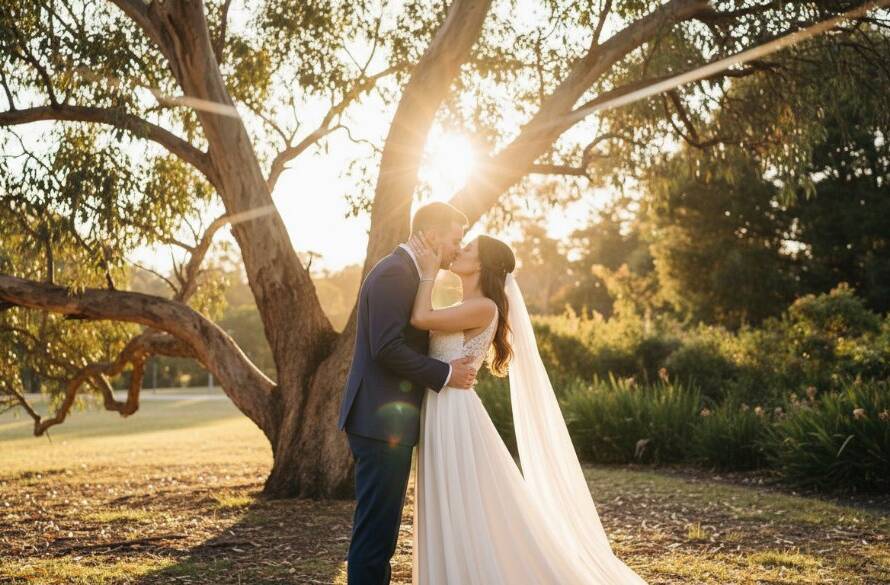 A beautiful couple sharing a tender, genuine moment in candid Templestowe wedding photography, with golden hour light filtering through eucalyptus trees, perfectly captured to reflect their heartfelt joy.