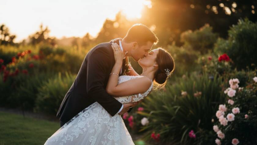 A couple sharing a tender, joyful embrace during their candid Vermont garden wedding photography session, bathed in warm, cinematic golden hour light amidst a lush, beautifully landscaped garden.