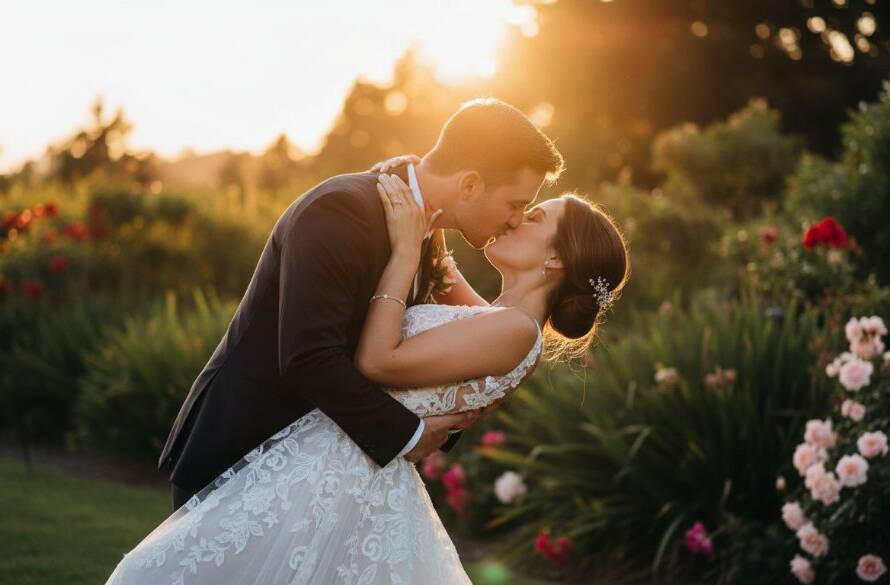A couple sharing a tender, joyful embrace during their candid Vermont garden wedding photography session, bathed in warm, cinematic golden hour light amidst a lush, beautifully landscaped garden.
