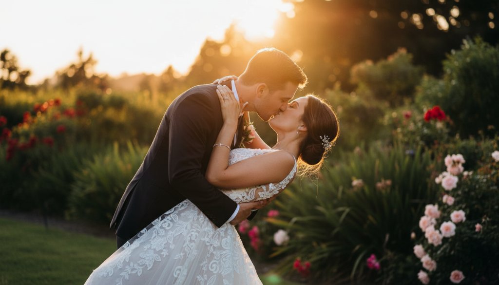 A couple sharing a tender, joyful embrace during their candid Vermont garden wedding photography session, bathed in warm, cinematic golden hour light amidst a lush, beautifully landscaped garden.