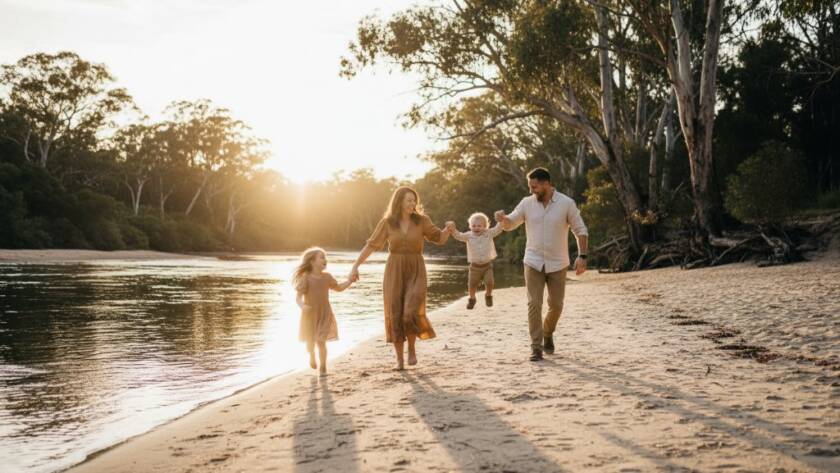 A candid Warrandyte family photography natural outdoor portraits scene featuring a family of four laughing joyfully as they walk hand-in-hand along the banks of the Yarra River in Warrandyte, bathed in warm, golden hour sunlight, with lush native bushland in the background, captured in a dramatic, emotionally resonant, wide-angle shot with professional colour grading.