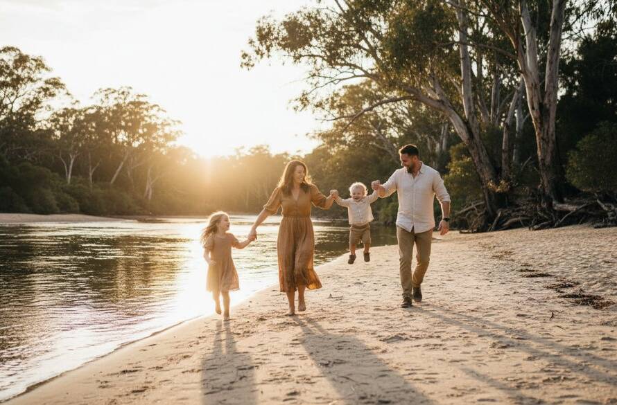 A candid Warrandyte family photography natural outdoor portraits scene featuring a family of four laughing joyfully as they walk hand-in-hand along the banks of the Yarra River in Warrandyte, bathed in warm, golden hour sunlight, with lush native bushland in the background, captured in a dramatic, emotionally resonant, wide-angle shot with professional colour grading.