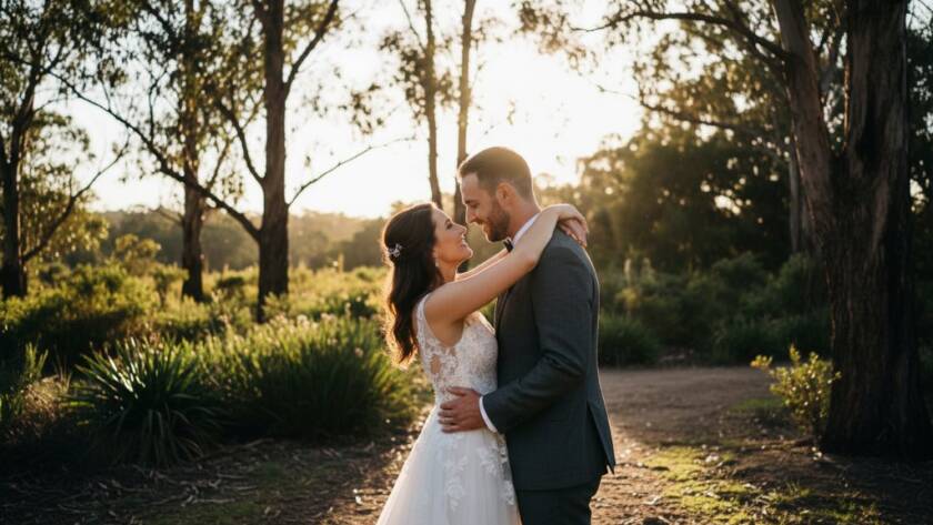 An epic, emotionally charged moment of a newlywed couple embracing under the golden hour light, surrounded by the natural beauty of Warrandyte South, exemplifying candid Warrandyte South wedding photography at its finest, captured with dramatic lighting and professional colour grading.