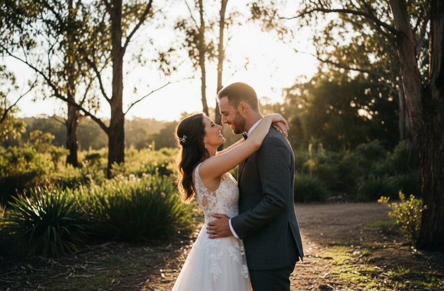 An epic, emotionally charged moment of a newlywed couple embracing under the golden hour light, surrounded by the natural beauty of Warrandyte South, exemplifying candid Warrandyte South wedding photography at its finest, captured with dramatic lighting and professional colour grading.