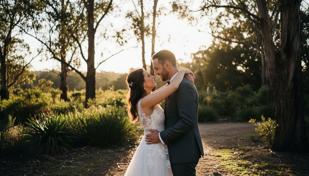 An epic, emotionally charged moment of a newlywed couple embracing under the golden hour light, surrounded by the natural beauty of Warrandyte South, exemplifying candid Warrandyte South wedding photography at its finest, captured with dramatic lighting and professional colour grading.