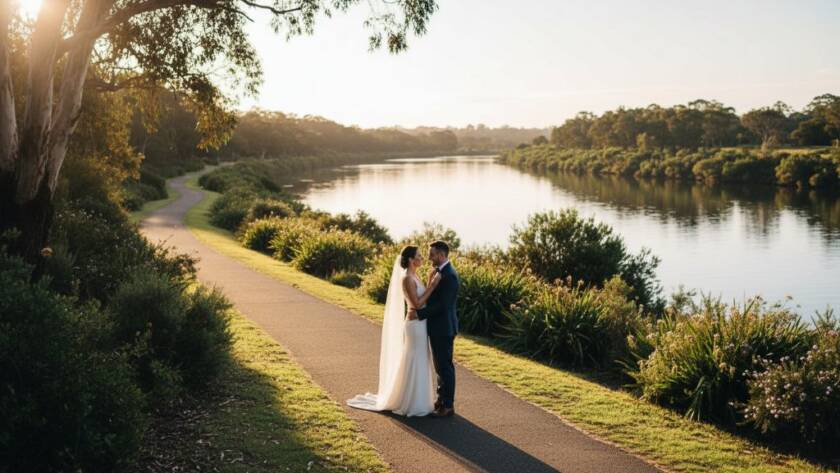 An emotional wide shot of a newly married couple embracing joyfully amidst the natural beauty of the Maribyrnong River in Avondale Heights, bathed in golden hour light, representing candid wedding photography Avondale Heights capturing genuine joy.