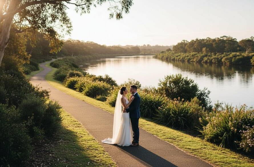 An emotional wide shot of a newly married couple embracing joyfully amidst the natural beauty of the Maribyrnong River in Avondale Heights, bathed in golden hour light, representing candid wedding photography Avondale Heights capturing genuine joy.