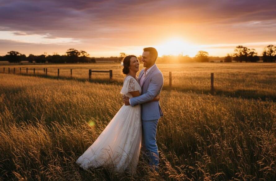 An epic moment of a newlywed couple sharing a joyful, candid kiss under golden hour light in a rustic barn setting, showcasing Candid Wedding Photography Bangholme Farm Victoria expertise.