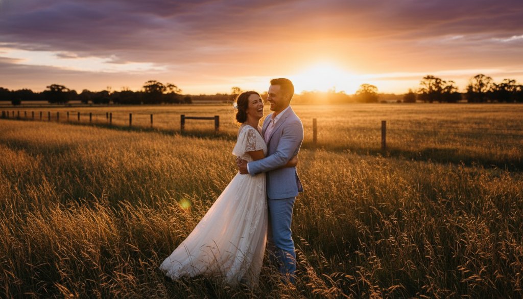 An epic moment of a newlywed couple sharing a joyful, candid kiss under golden hour light in a rustic barn setting, showcasing Candid Wedding Photography Bangholme Farm Victoria expertise.